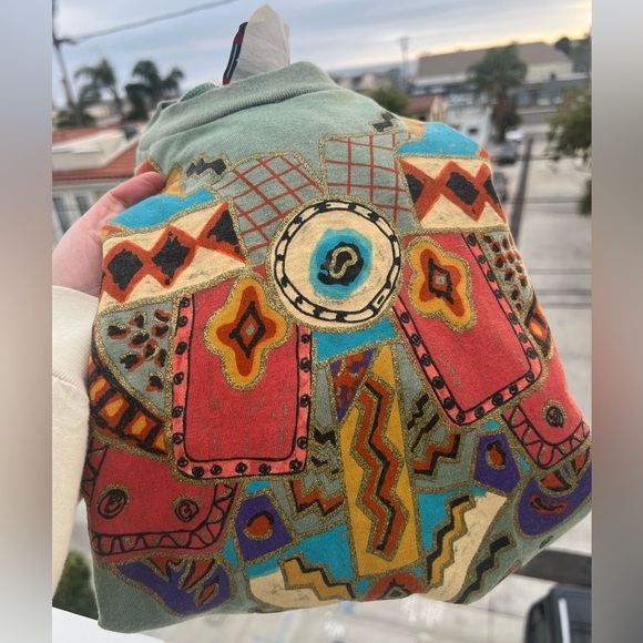 Vintage 90s KWBL Los Angeles green handpainted aztec southwest LS tshirt sz L - Picture 2 of 10